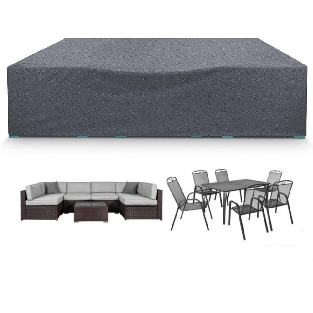 Grey outdoor furniture cover shown above a sectional sofa and dining set.