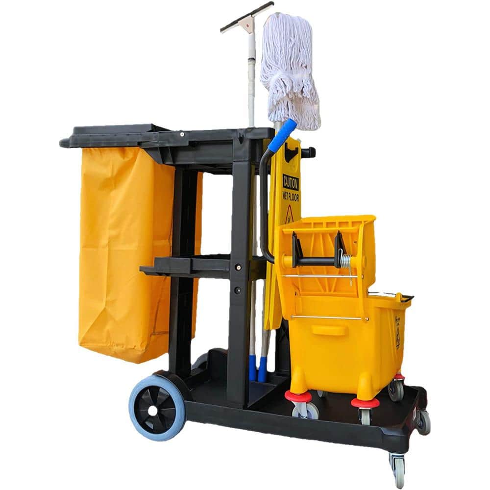 Plastic Cleaning Cart with Zippered Yellow Vinyl Bag