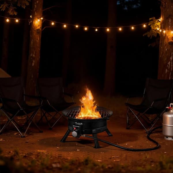 19-In. Propane Fire Pit, Black, 53000 BTU with Grill Grate and Lava Rocks, Folding Legs Smokeless Firebowl, 2025 update
