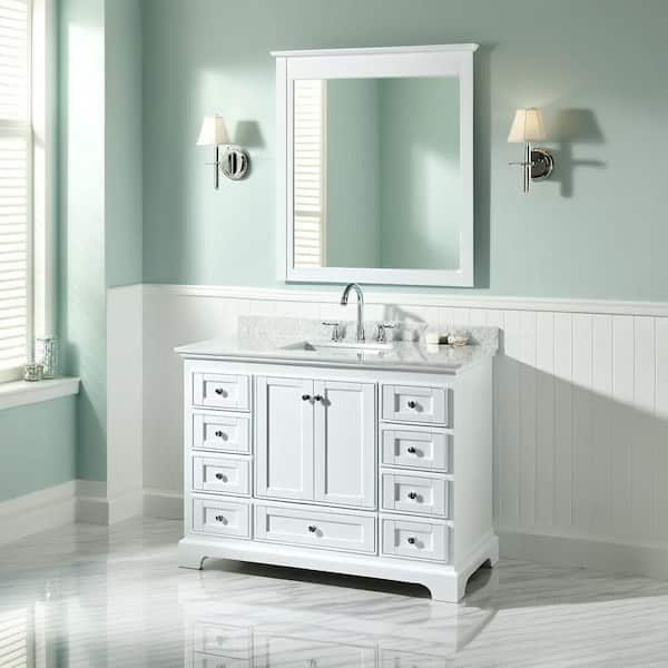 Deborah 48 in. W x 22 in. D Vanity in White with Marble Vanity Top in Carrara White with White Basin