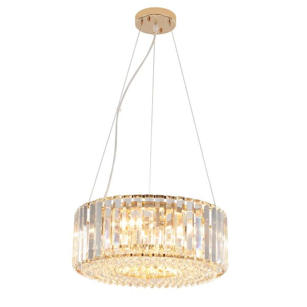 15. 74in. 5-Light Golden Drum Chandelier with Crystal Shade and No Bulbs Included For Kitchen Island Dinning Room
