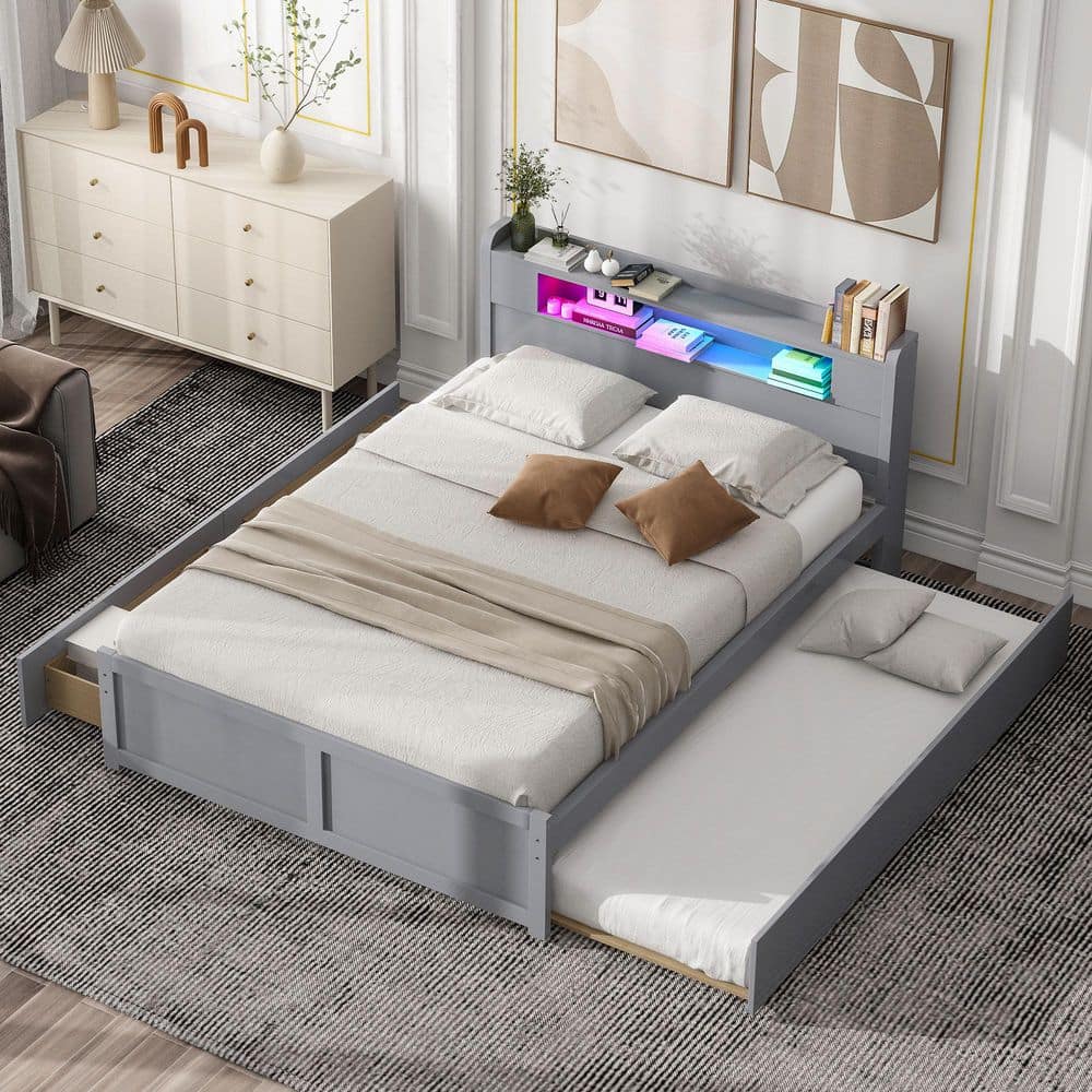 Gray Wood Frame Queen Size Platform Bed with Led, (2-Drawers) and 1 Twin Size Trundle price history on PriceWatchPro