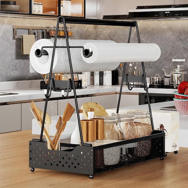 Adrinfly Black Metal Utensil Caddy Paper Towel Holders Utensil Holder for Indoor/Outdoor Grilling Tools Storage Organizer