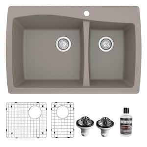 Concrete Quartz Composite 34 in. 60/40 Double Bowl Drop-In Kitchen Sink with Bottom Grids and Strainers