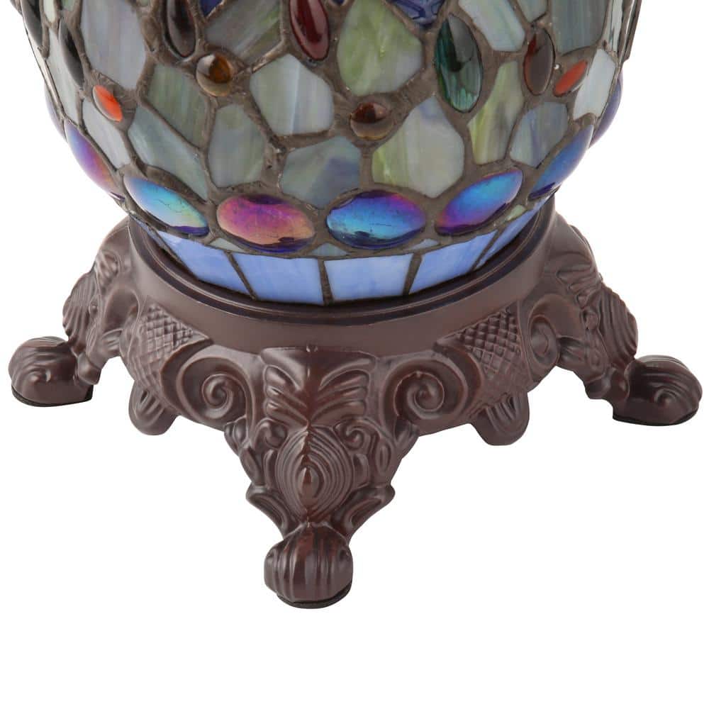 Antique Brass Blue Stained Glass Dragonfly Table Lamp Set