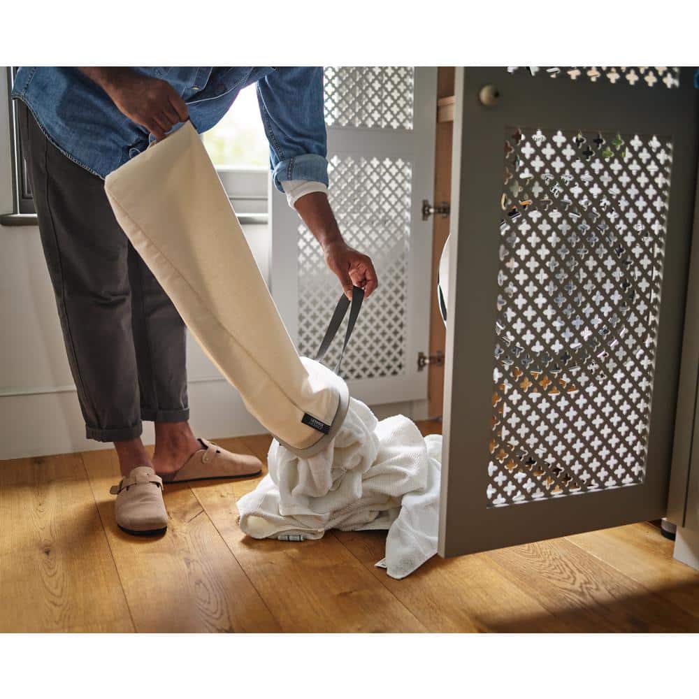 Beige Steel Dual Compartment Laundry Sorter with Lid