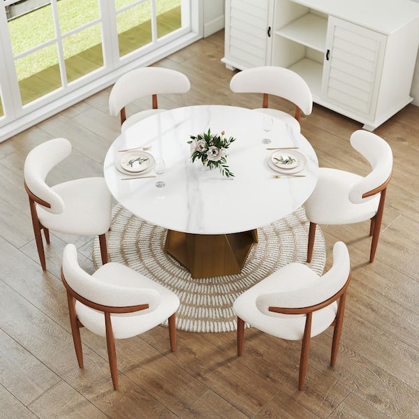 53.1 in. White Round Sintered Stone Tabletop Bronze Pedestal Base Kitchen Dining Table (Seats-6)