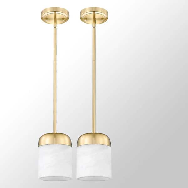 Alabaster Series 60-Watt 1 Light Brushed Gold Mini Pendant Light with Cylinder Marble Shade, No Bulbs Included 2PK