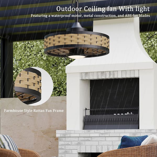 20 in. Boho Rattan Black Plug-In Outdoor Ceiling Fan with Light Rope Hook Portable Fandelier LED Ceiling Fan with Remote