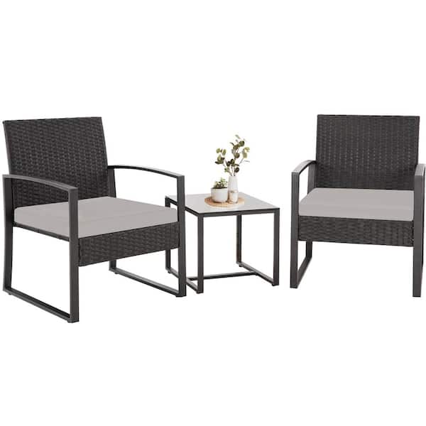3 Piece Black Rattan Wicker Patio Outdoor Bistro Set with 2 Chairs 1 Tempered Glass Table and Grey Cushions Chairs 14 The Home Depot