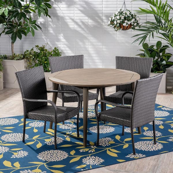 Noble House Reina Gray 5-Piece Wood and Faux Rattan Outdoor Dining Set