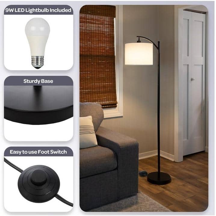 63-Inch Tall Black Metal Floor Lamp with Linen Shade and LED Bulb