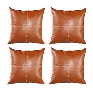 Country Embroidered Boho Set of 4 Throw Pillow Cover 18" x 18" Vegan Faux Leather Solid Brown & Beige Square for Couch