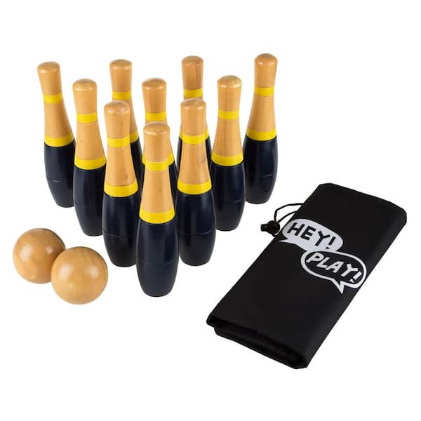 Indoor/Outdoor Wooden Bowling Set, Black