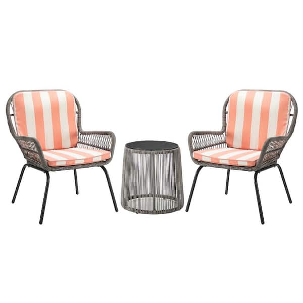 Tunearary 3-Piece Gray Wicker Outdoor Patio Conversation Seating Set with Blush Red and White Cushions