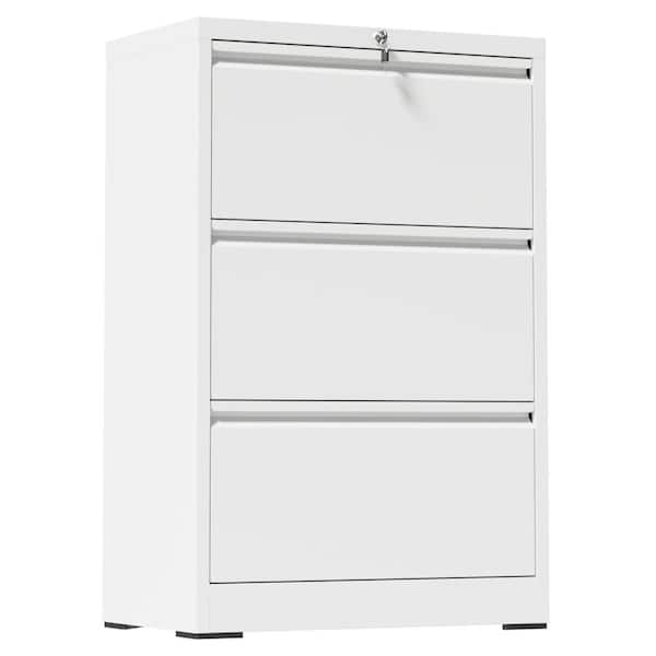 3-Drawer White Steel 26.8 in. W Lateral File Cabinet with Lock, Horizontal Filing Cabinets Hanging Letter/Legal/A4/F4