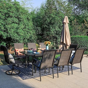 Black 9-Piece Patio Outdoor Dining Set with Rectangle Extensible Table and Rattan Swivel Chair