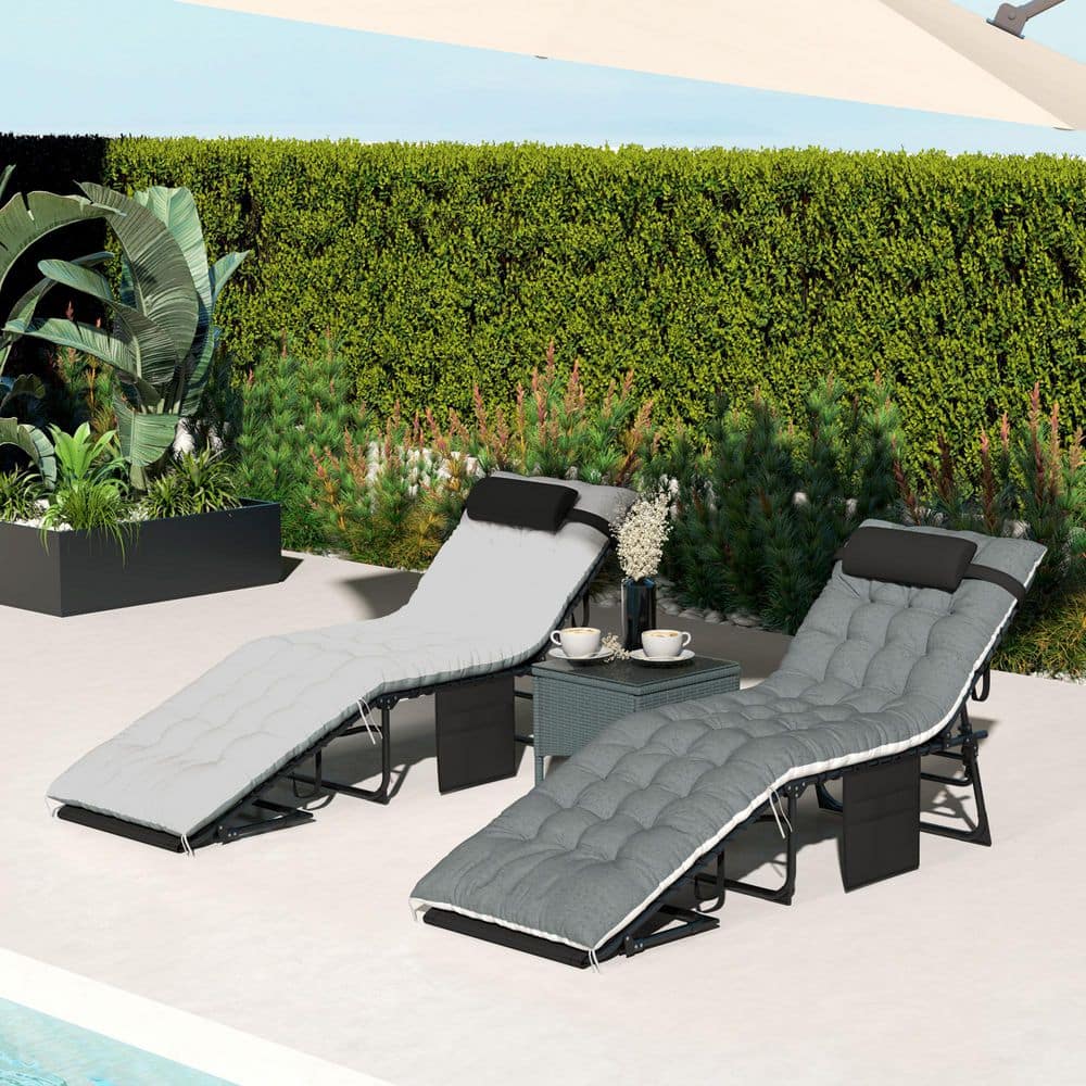 Black and Gray Cushioned Folding Outdoor Chaise Lounge Set