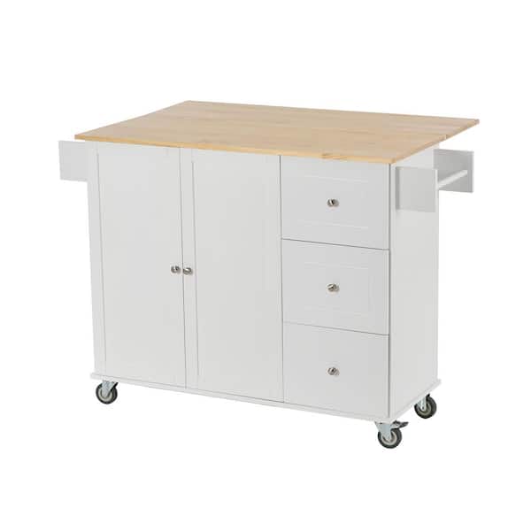 Tileon White Kitchen Island Rolling Cart Wood Top and Locking Wheel with 2-Door Cabinet 3-Drawers and Towel Rack and Spice Rack