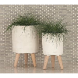 17 in., 15 in., and 12 in. Medium White Fiberclay Indoor Outdoor Planter with Wood Legs (3- Pack)
