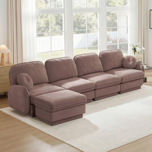 Leslie 137 in. Flared Arm Chenille L-Shaped Sectional Sofa in Red with Round Pillows, Ottoman, Rose Dust