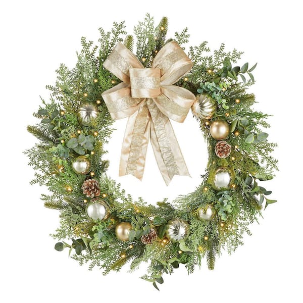 Home Accents Holiday 30 in St. Germain Battery Operated Mixed Pine LED Pre-Lit Natural Artificial Wreath with Timer
