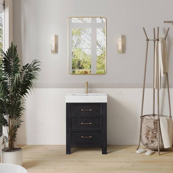 ROSWELL Leon 24 in. W x 22 in. D x 34 in. H Single Bath Vanity in Fir Wood Black with White Composite Stone Top and Mirror