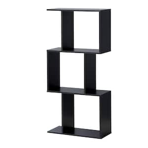 49 in. Tall Black Wood 3-Shelf Free Standing S-Shaped Bookcase Multi-Functional Storage Display Rack
