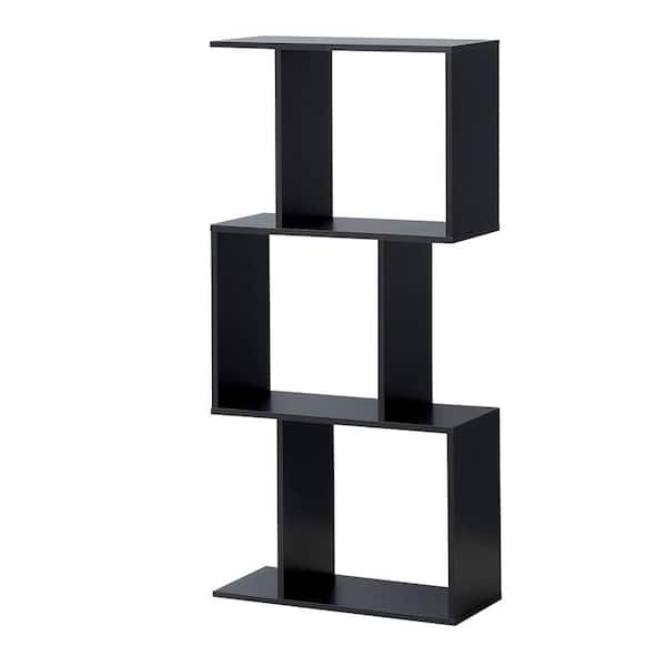 HONEY JOY 49 in. Tall Black Wood 3-Shelf Free Standing S-Shaped Bookcase Multi-Functional Storage Display Rack