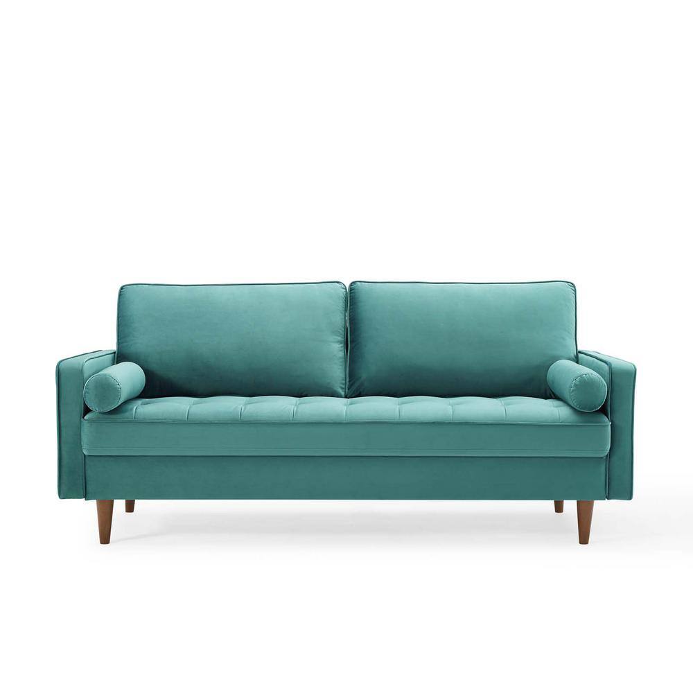 Valour 73 in. Teal Velvet 4-Seater Tuxedo Sofa with Wood Legs