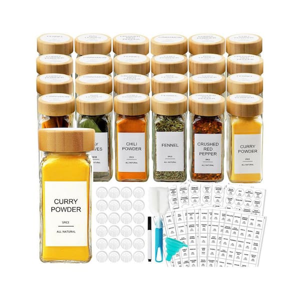 24 Piece Square Glass Spice Jar Set with Bamboo Airtight Lids Shaker Tops and 398 Waterproof Labels for Organizing
