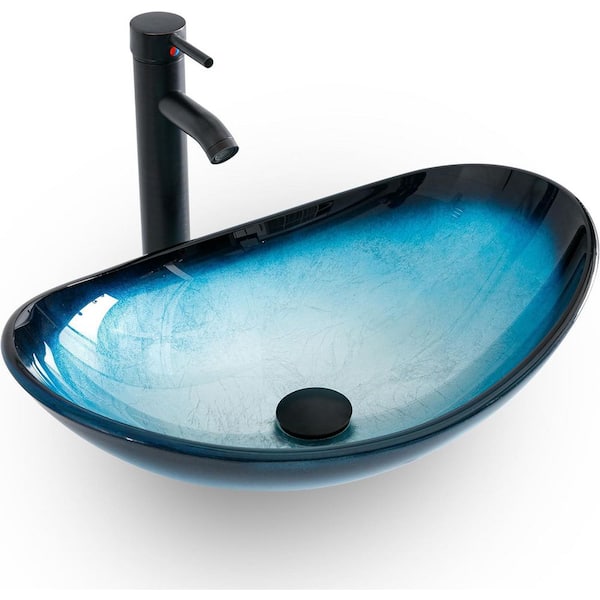 21.3 in. W Modern Oval Glass Vessel Sink in Blue-to-Black Gradient with ORB Fauect Pop Up Drain Set