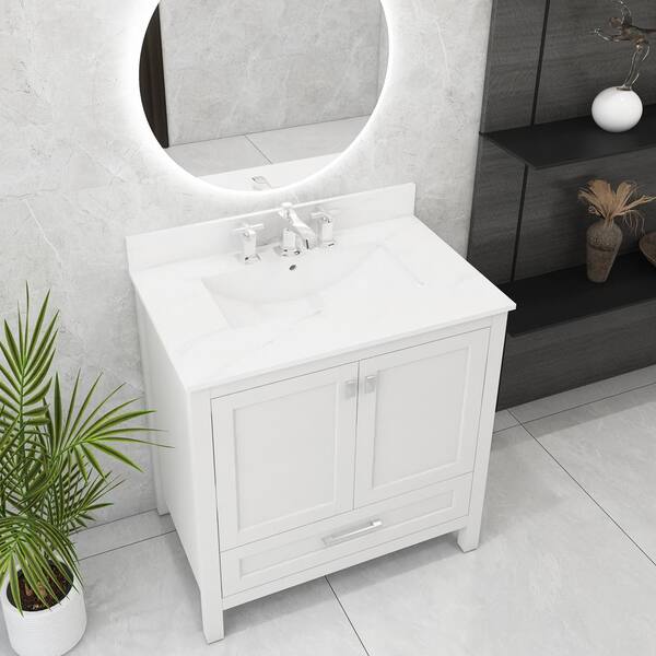 Unbranded 30 in. W x 19 in. D x 37 in. H Single Sink Freestanding Bath Vanity in White with White Marble Top