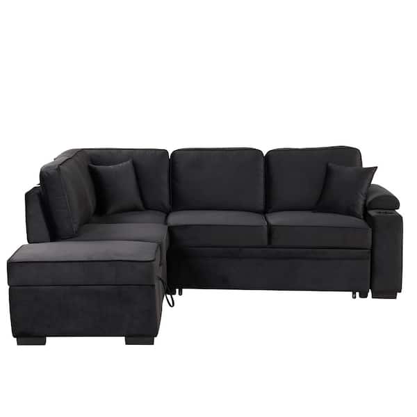 87.40 in. Straight Arm Velvet L-Shaped Sofa in Black with Storage Ottoman, Sofa Bed
