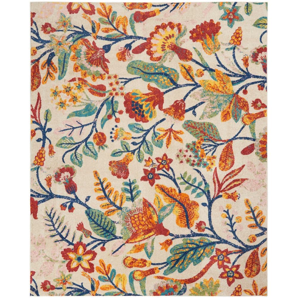 Ivory Multicolor Floral Easy-Care 8' x 10' Synthetic Area Rug