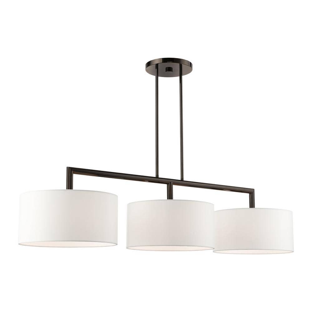 Black Chrome 3-Light Linear Chandelier with Off-White Shades
