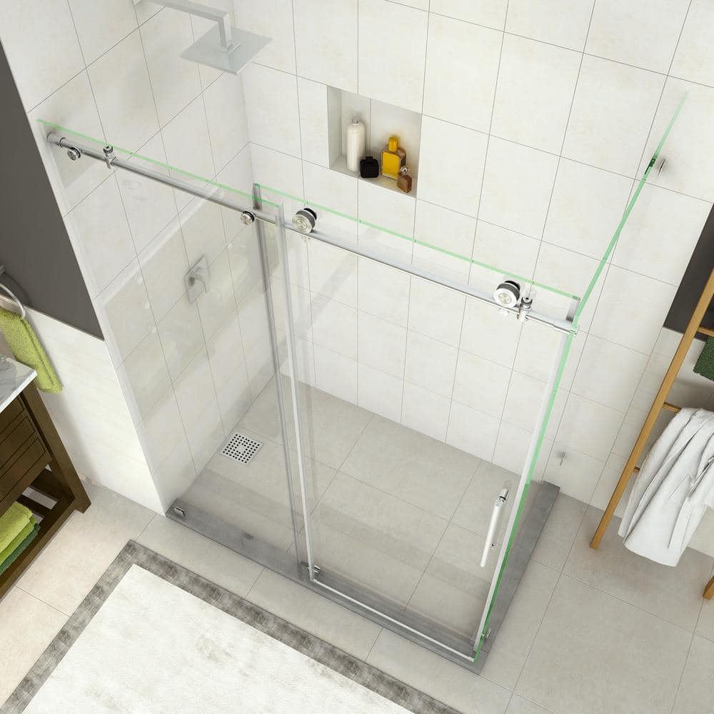 Coraline Frameless Sliding Shower Enclosure in Stainless Steel and Clear Glass