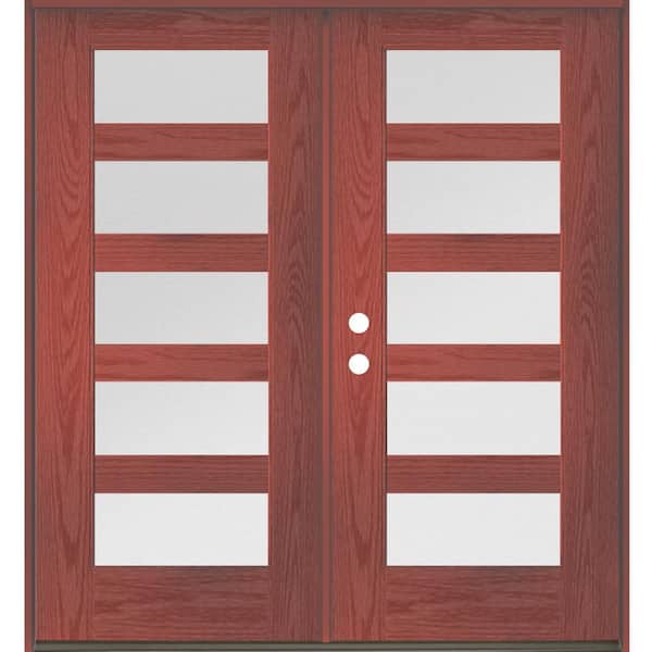 Krosswood Doors ASCEND Modern 72 in. x 80 in. 5-Lite Right-Active/Inswing Satin Glass Redwood Stain Double Fiberglass Prehung Front Door