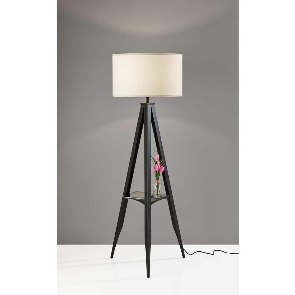 Black Metal Tripod Floor Lamp with Off-White Shade and Shelf
