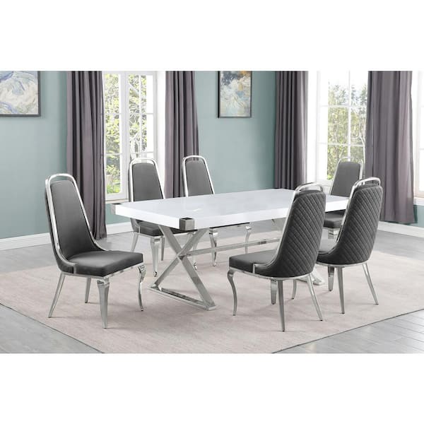 Best Quality Furniture Miguel 7-Piece Rectangle White Wood Top Silver Stainless Steel Dining Set with 6-Dark Grey Velvet Chairs.