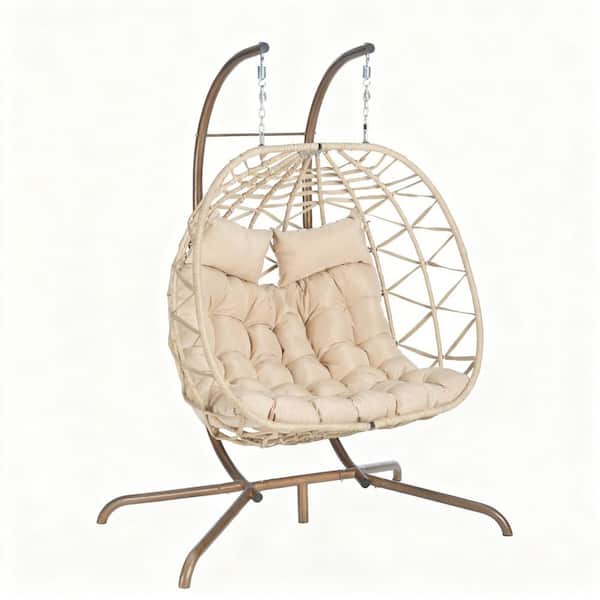 Double Egg Swing with Stand 2-Person Light Yellow Wicker Patio Swing Hammock Chair with Khaki Cushion
