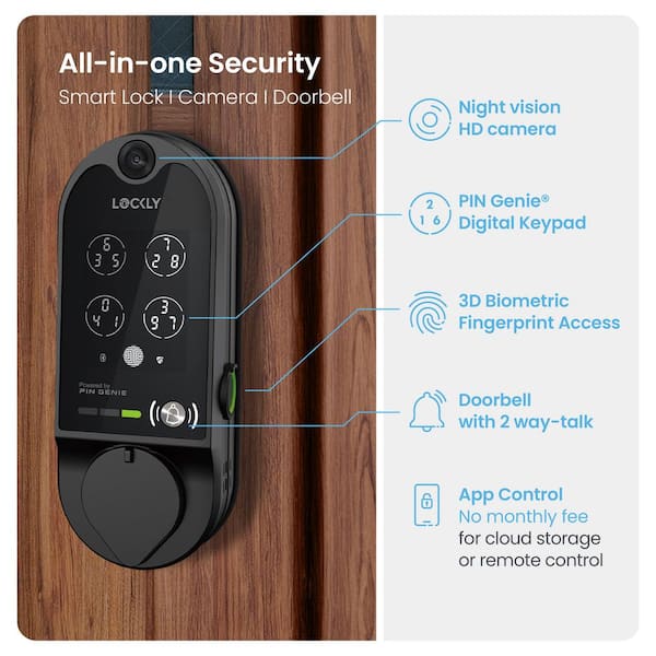 Vision Matte Black Deadbolt WiFi Smart Lock with Video Doorbell, Fingerprint, Keypad, App, Voice Control, 2-Way Audio