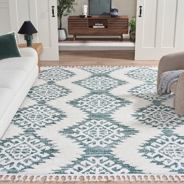 Moroccan Tassel Shag 9 x 12 Green/Ivory Tribal Area Rug