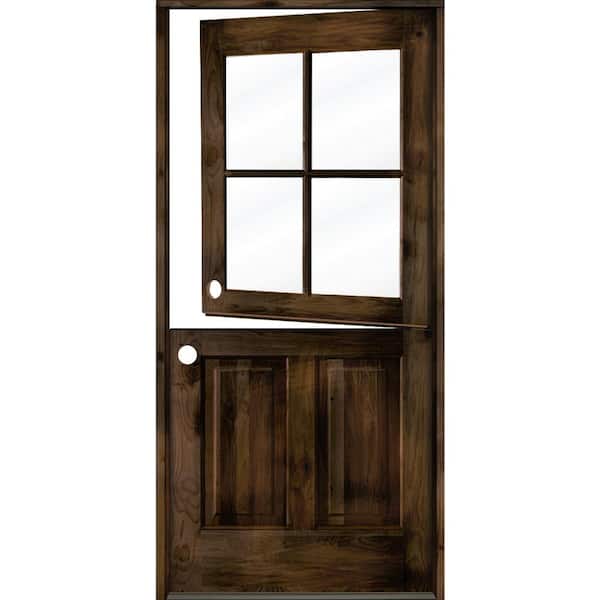 Krosswood Doors 32 in. x 80 in. Farmhouse Knotty Alder Right-Hand/Inswing 4-Lite Clear Glass Black Stain Dutch Wood Prehung Front Door