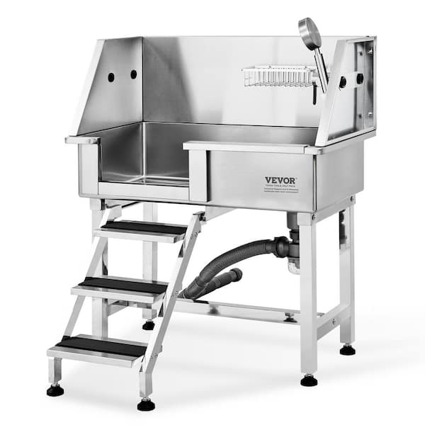 VEVOR 34 in. Pet Dog Bathing Station w/Ramp Professional Stainless Steel Dog Grooming Tub w/Drawer Pet Furniture Cover Left