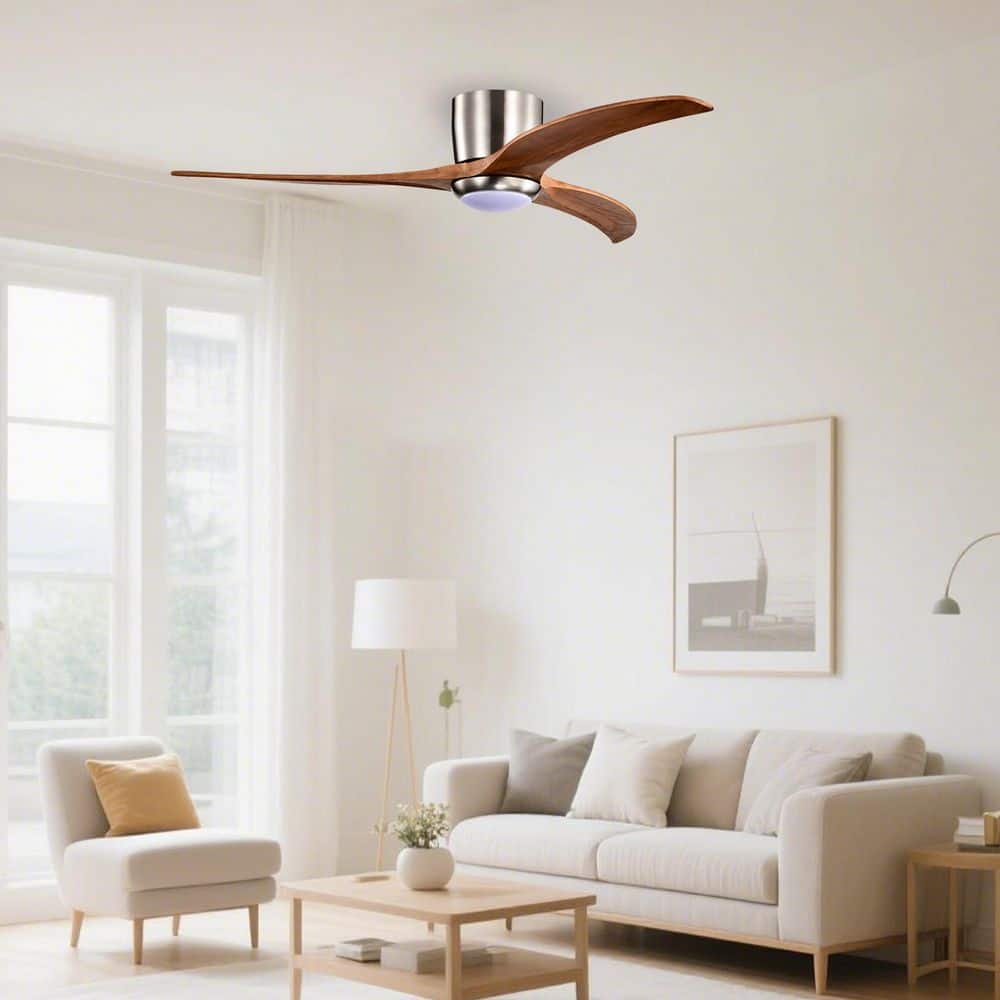 52 in. Indoor Nickel Ceiling Fan with Light and Remote, Brown Wood Blades Flush Mount Ceiling Fan for Patio Living Room price history on PriceWatchPro