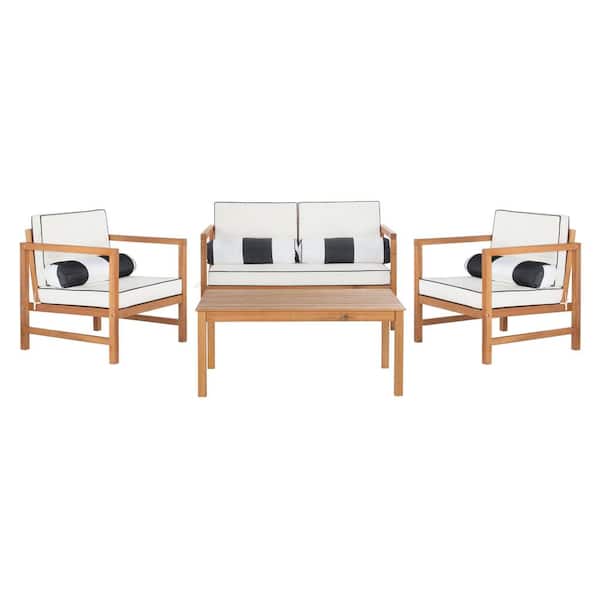SAFAVIEH Montez Natural Brown 4-Piece Wood Patio Conversation Set with White/Black Cushions