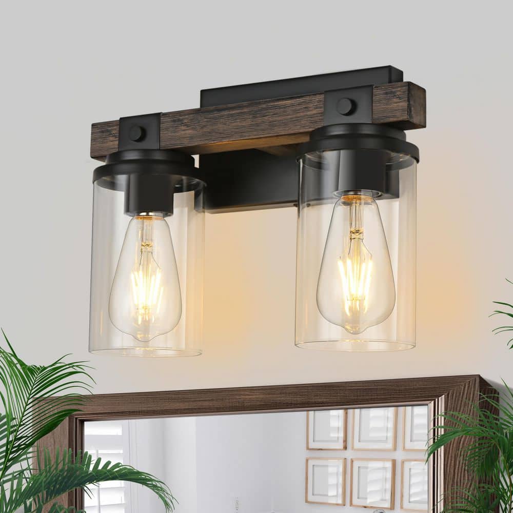 TinHon 12 in. Farmhouse Bathroom Light Fixture, 2-Light Rustic Black ...