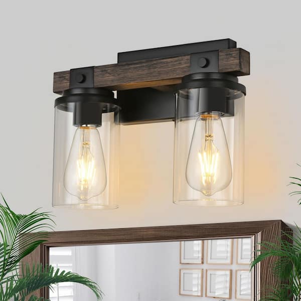 12 in. Farmhouse Bathroom Light Fixture, 2-Light Rustic Black and Wood Grain Vanity Light with Clear Glass Shade