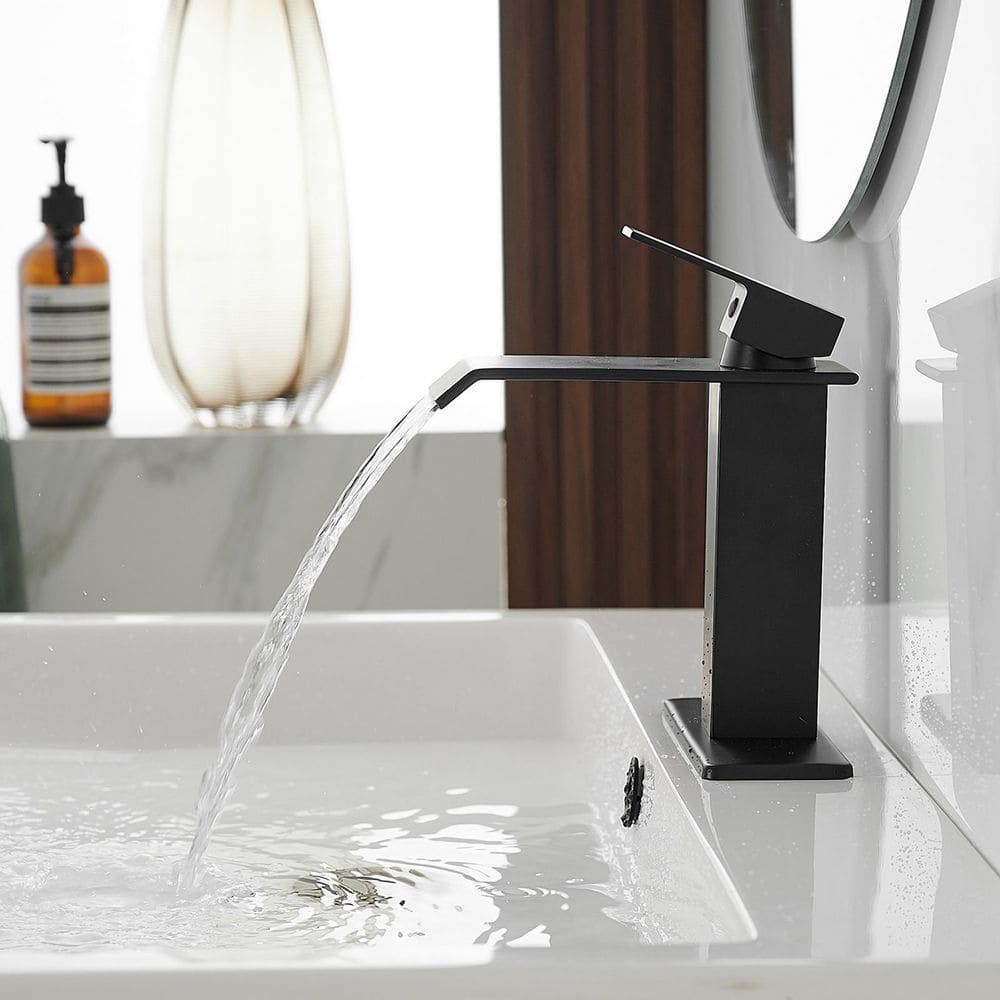 Matte Black Single-Handle Waterfall Bathroom Faucet with Supply Line